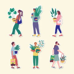 Cartoon Color Characters People Holding Plants Stickers Set Hobby Concept Flat Design Style. Vector illustration of Man and Woman with Houseplant
