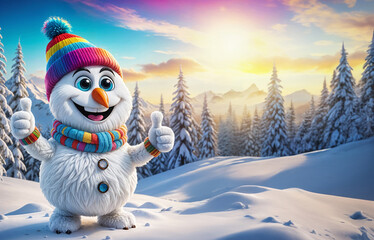 Obraz premium Bonhomme de neige pouce levé dans un paysage d'hiver, joyeux noël et bonne année