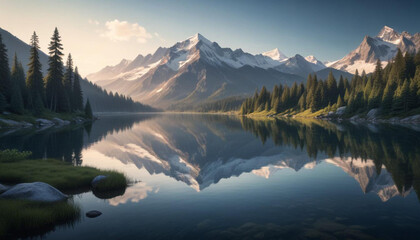 A serene mountain landscape with a calm lake reflecting the snow-capped peaks and evergreen forests 
