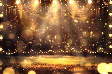 Glamorous Stage: Illuminated Podium with Golden Spotlights and Glittering Particles, Perfect for Award Ceremonies and Theatrical Performances