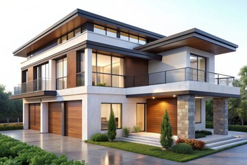 A modern home with a sleek, contemporary design featuring large windows, balconies, and a spacious driveway. The home is surrounded by lush greenery, suggesting a tranquil and luxurious lifestyle.