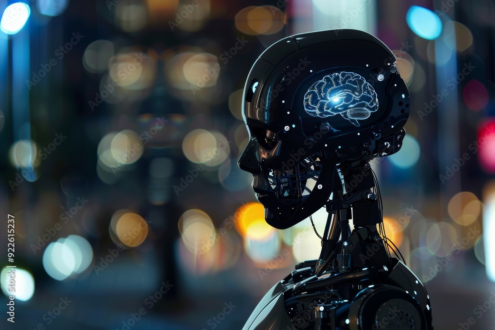 Poster advanced ai robot side profile with a dark background, room for text and design
