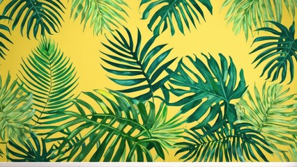 A bold contrast of green palm leaves against a vivid yellow backdrop, perfect for a summery, tropical theme