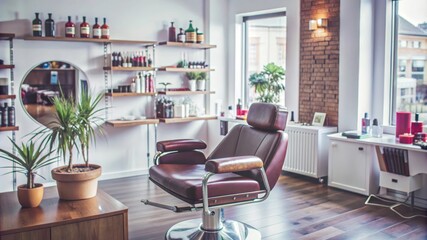 A modern barbershop interior with a stylish leather barber chair, exposed brick wall, and shelves filled with grooming products. The space conveys a sense of professionalism, comfort