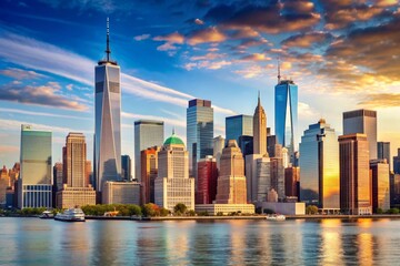 Obraz premium The iconic skyscrapers of New York City are bathed in the golden light of a setting sun, reflecting on the tranquil waters of the harbor