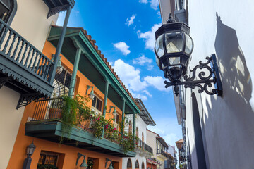 Panama, Panama City historic center Casco Viejo colorful streets and colonial architecture.