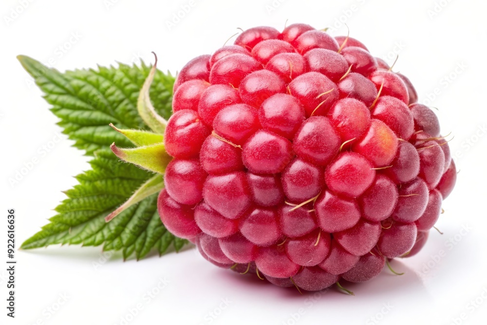 Poster a single, ripe red raspberry with a green leaf, isolated on a white background. the raspberry is plu