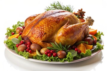 A delicious roasted turkey, perfectly cooked and golden brown, is surrounded by festive garnishes of cranberries, orange slices, and fresh herbs, signifying celebration, abundance