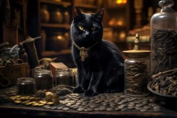 A black cat adorned with a necklace sits among coins and jars in a mystical, cluttered setting.
