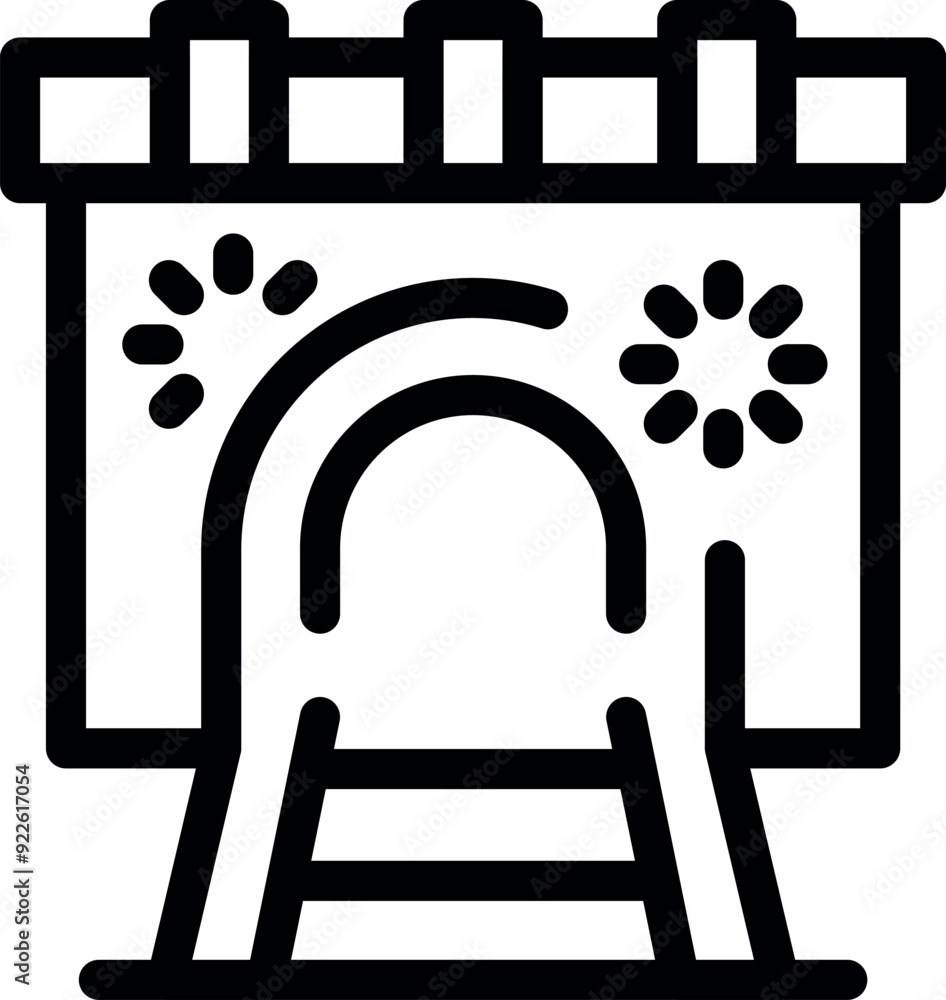 Poster simple bold outline icon representing a train entering a tunnel, displayed on a billboard with flash