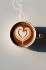 A heart shaped cup of cappuccino perfectly centered on a pristine pure white background.