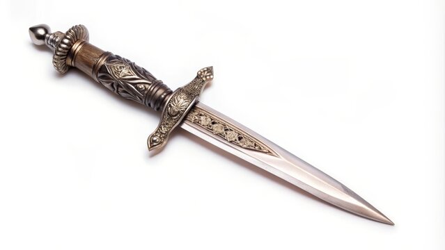 A beautifully crafted dagger with an ornate handle and blade. The handle is adorned with intricate details, and the blade is sharp and pointed. This dagger represents power, precision