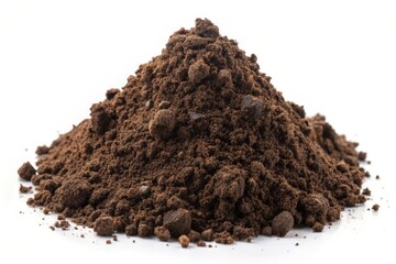 A pile of rich dark soil isolated on a white background. This soil is perfect for growing plants and flowers. The texture is loose and crumbly, allowing for good drainage and aeration.