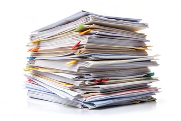 A towering stack of papers represents the overwhelming feeling of paperwork, symbolizing bureaucracy, deadlines, administrative tasks, and information overload.