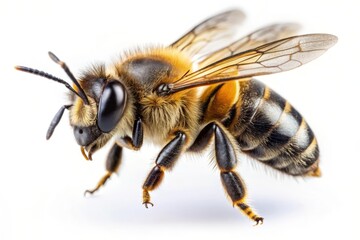 A close-up of a honey bee in flight, showcasing its intricate details, wings, and body structure. The bee is isolated on a white background, symbolizing purity, nature, and pollination.