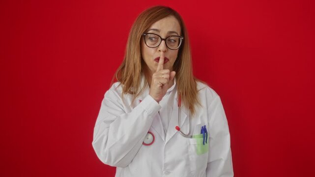 Female doctor with blonde hair and glasses making a shushing gesture while wearing a white lab coat against a vibrant red background