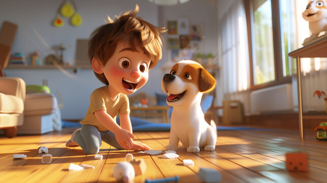 A kid looking joyous while playing with a puppy. Animated character, C4D model rendering, 3D rendering - Generative AI
