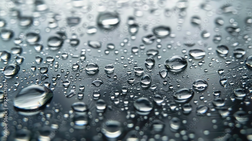 Poster close-up shot of water droplets on a dark surface, with varying sizes and a shallow depth of field.