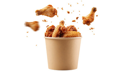 Fried chicken flying out of a paper bucket, with crunchy, golden skin, isolated in mid-air for an appetizing and playful visual.

