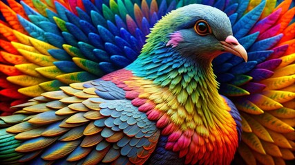 Obraz premium A vibrant pigeon with iridescent feathers, symbolizing peace, diversity, and the beauty of nature. Its colorful plumage creates a striking contrast against the background