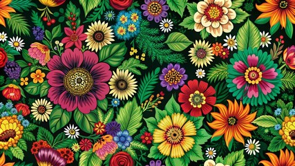 A captivating pattern bursting with colorful flowers, representing beauty, nature, growth, abundance, and creativity.