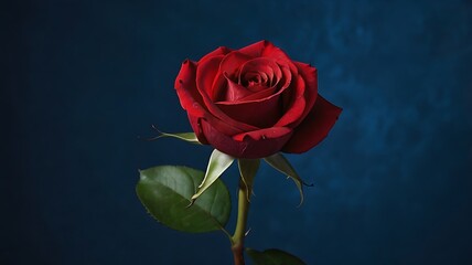 A Single Red Rose Against A Deep Blue Background