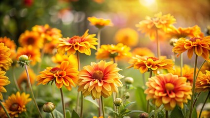 Fototapeta premium A field of vibrant orange flowers bathed in the warm glow of the setting sun, symbolizing beauty, nature, tranquility, summer, and growth.