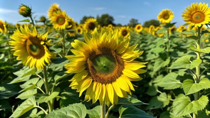 Obraz premium A field of sunflowers, in full bloom, under a clear blue sky. The image symbolizes growth, happiness, and the beauty of nature.