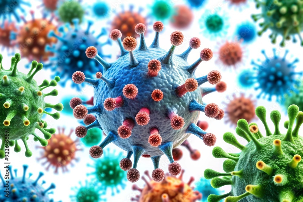 Poster a close-up view of colorful virus particles, depicting the complexity of microscopic structures, emp