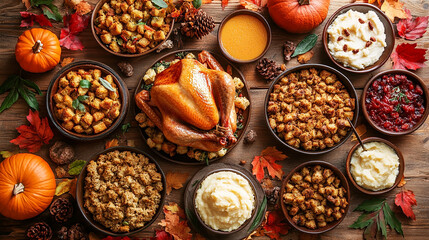 Fototapeta premium Flat lay photo, traditional thanksgiving dinner, food photo of bowls filled with thanks giving meal with roast turkey and other foods on a wooden table