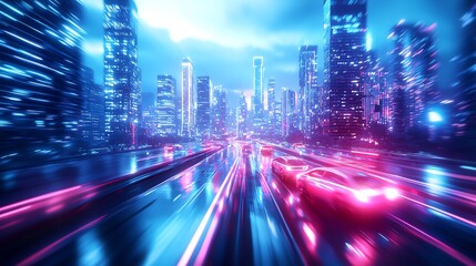 Fototapeta premium Futuristic city skyline on glowing neon lights with speeding cars.