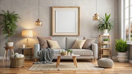 A modern living room with a comfortable sofa, a wooden coffee table