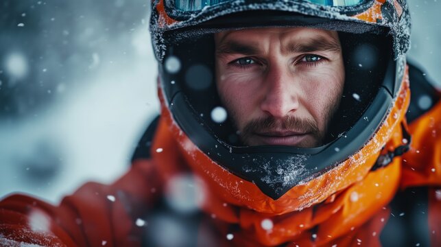 Intense snowmobile rider wearing orange helmet in snowy environment