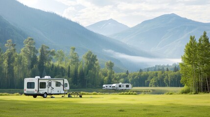 A couple sits at a picnic table next to a white RV