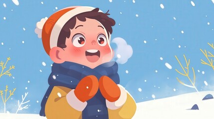 Fototapeta premium Happy young boy in warm winter clothes looking up at falling snow on a cold winter day.