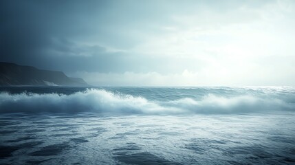 Dramatic storm clouds over a crashing wave and coastline.