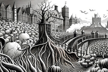 Illustration of a gothic horror castle that looks like something out of a picture book.