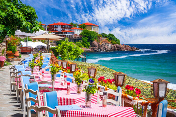 Sozopol, Bulgaria. Charming old town with tavernas on Black Sea coastline
