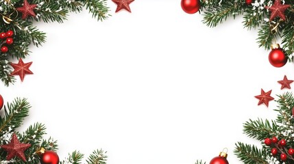 A festive border featuring pine branches, red ornaments, and stars for holiday decoration.