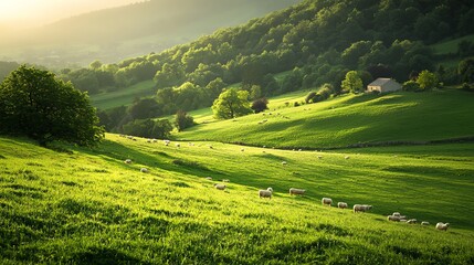 Obraz premium Peaceful rural landscape with sheep grazing on green hills at sunset.