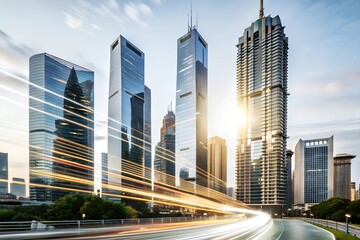 Fototapeta premium Modern skyscrapers in a cityscape with dynamic light trails from traffic, capturing the fast pace of urban life at dawn