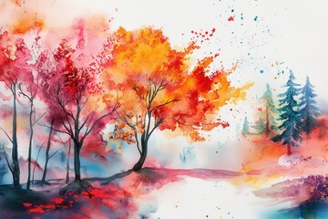 A vibrant watercolor painting of autumn trees with colorful foliage and serene atmosphere.