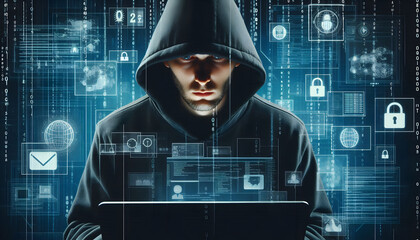 Illustration of anonymous hacker with hoodie and computer symbols in background, digital concept