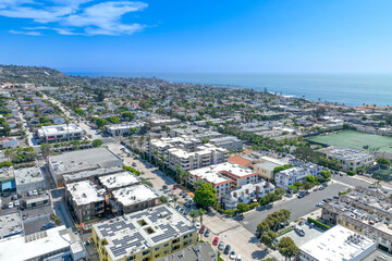 Aerial view over La Jolla with big villas and ocean in the background, San Diego, California, USA