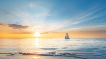 A sailboat is sailing in the ocean at sunset