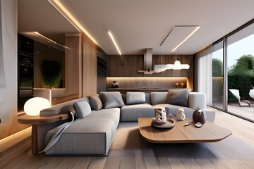  Modern living room featuring wooden floors and large windows, creating a bright and inviting atmosphere.
