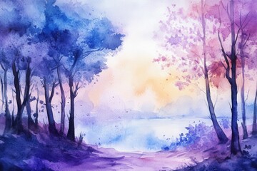 A serene watercolor landscape of an enchanted forest with vibrant blues and purples, evoking a peaceful and mystical atmosphere.