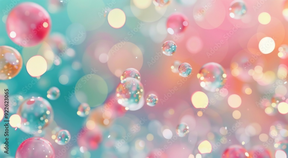 Poster colorful bubbles floating in a dreamy background with soft lighting