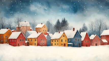 Fototapeta premium Watercolor Winter Village Scene with Colorful Houses, Snow-Covered Trees, and Starry Night Sky, Dreamy Atmosphere with Gentle Snowfall and Cozy Mood in Subtle Blue and Warm Tones