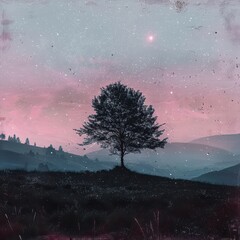 A solitary tree stands tall against a dreamy sky with distant hills and a sprinkle of stars